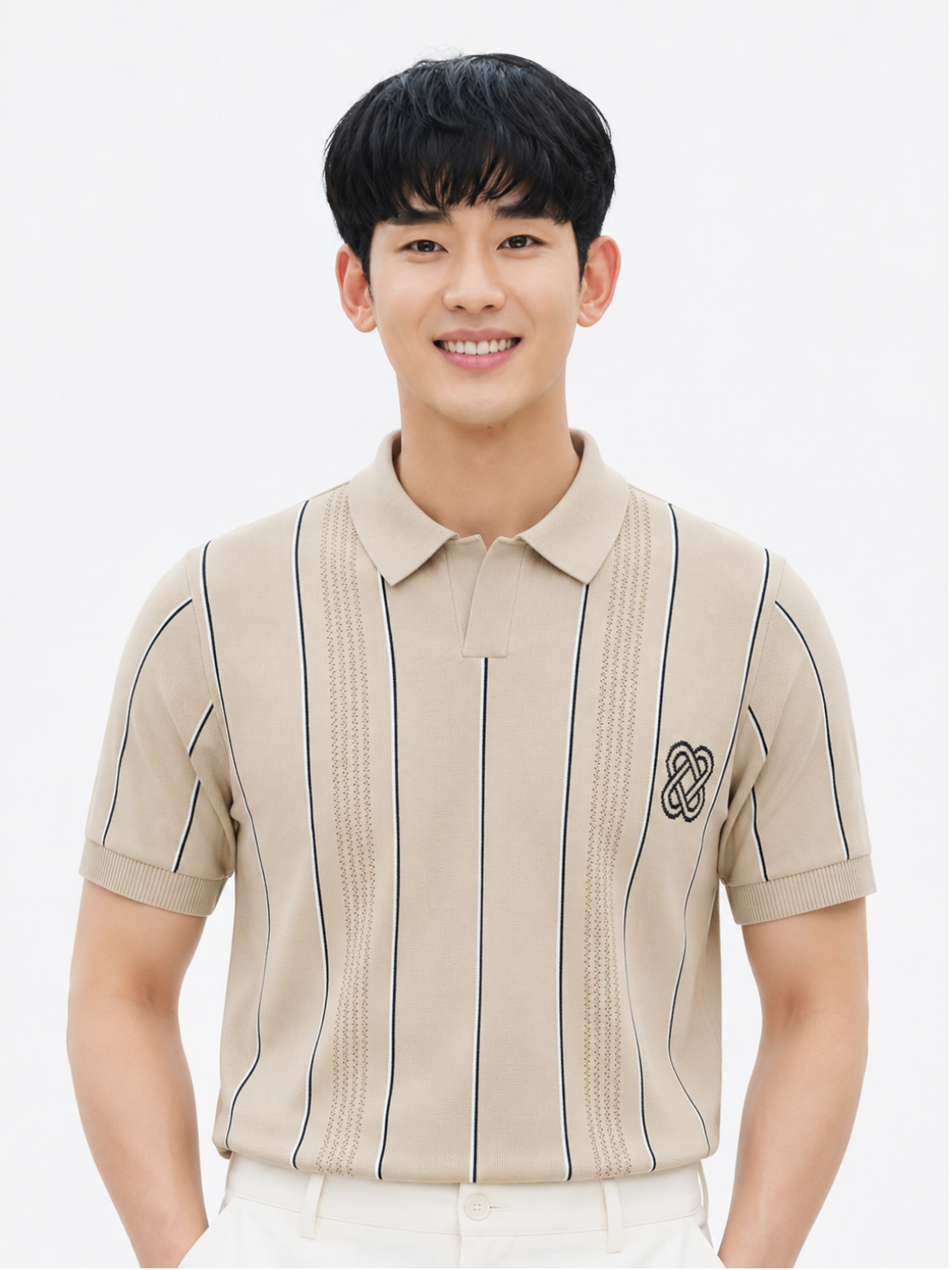 Dune Vertical Stripe Knit Polo - Beige by Cord Cult - on-model view