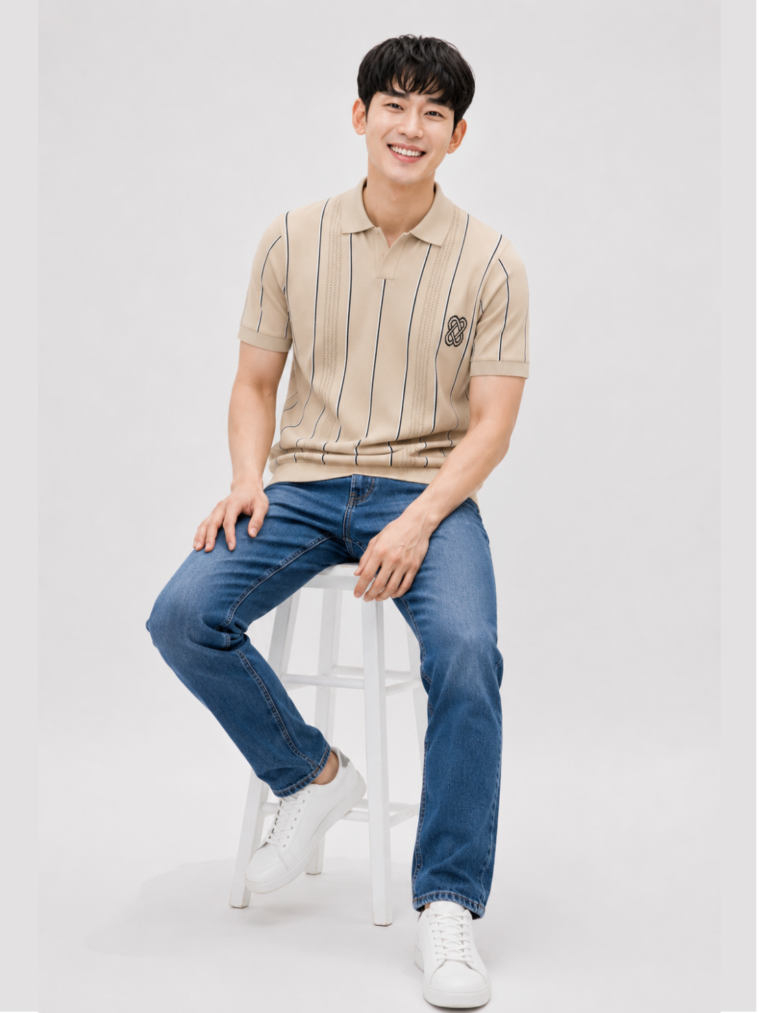 Dune Vertical Stripe Knit Polo - Beige by Cord Cult - styled view
