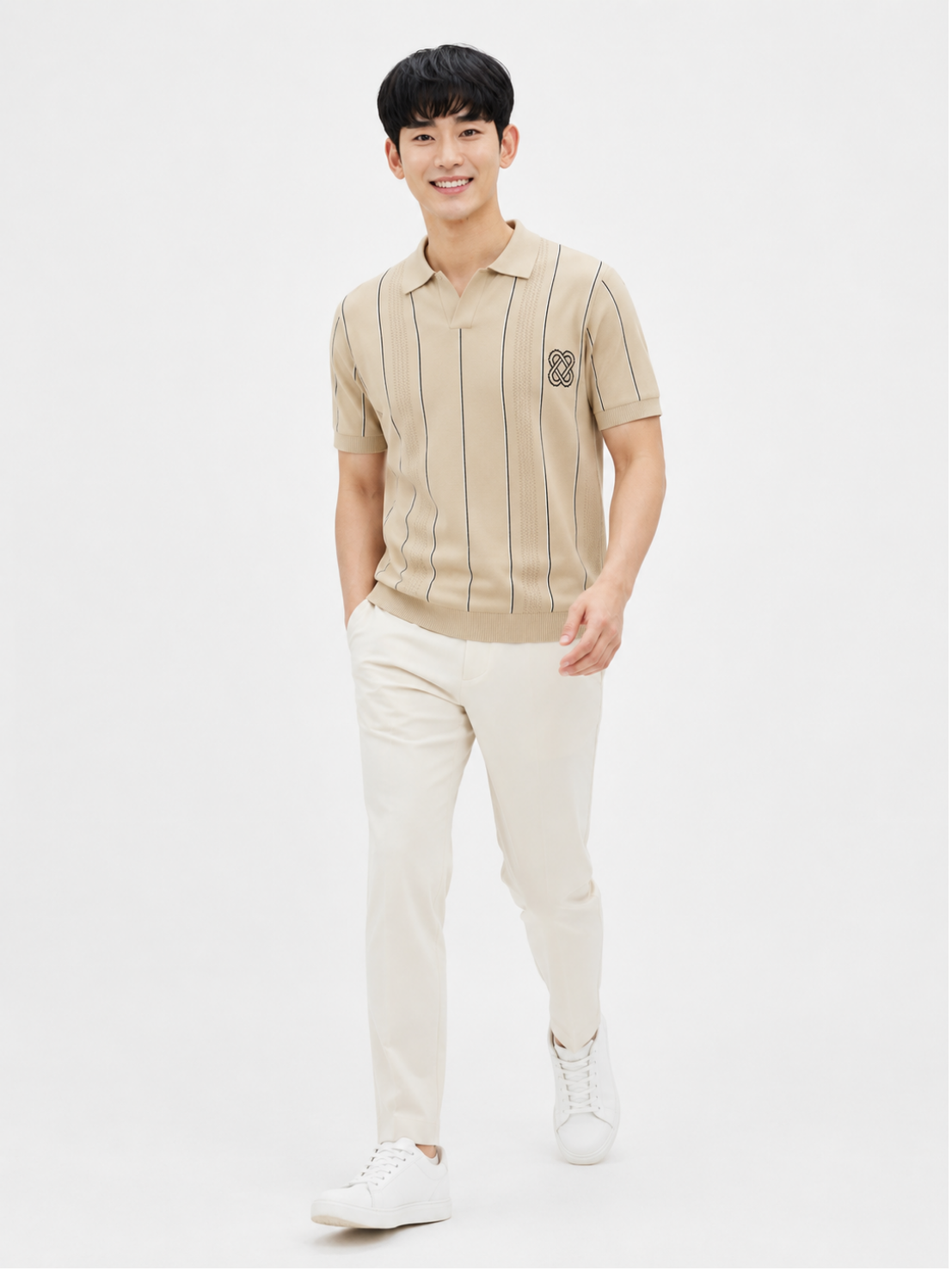 Dune Vertical Stripe Knit Polo - Beige by Cord Cult - side view