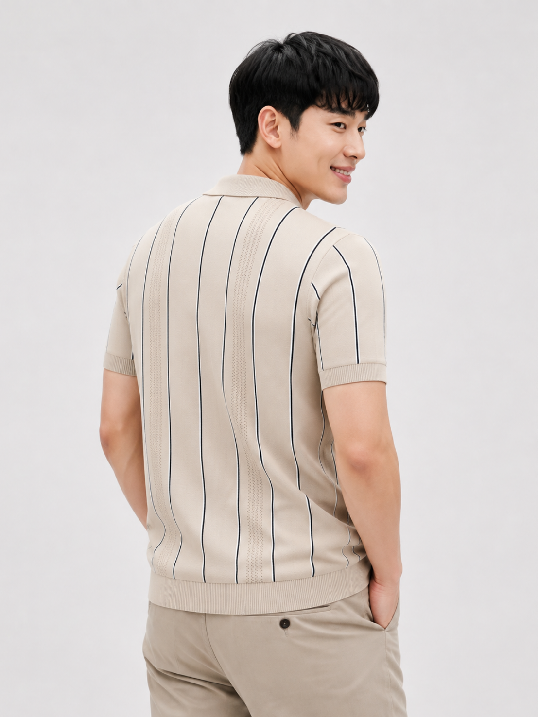 Dune Vertical Stripe Knit Polo - Beige by Cord Cult - back view