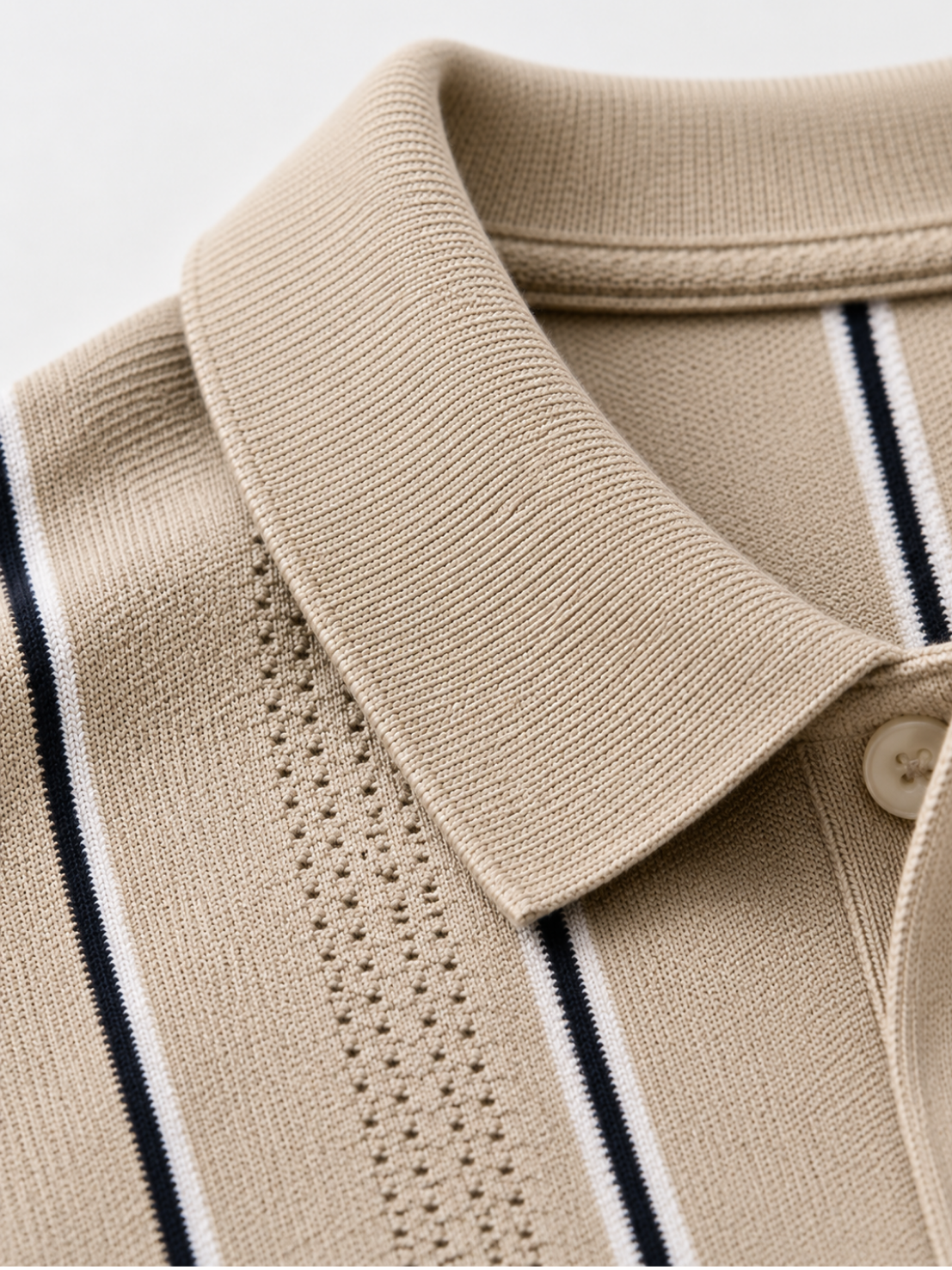Dune Vertical Stripe Knit Polo - Beige by Cord Cult - detail view