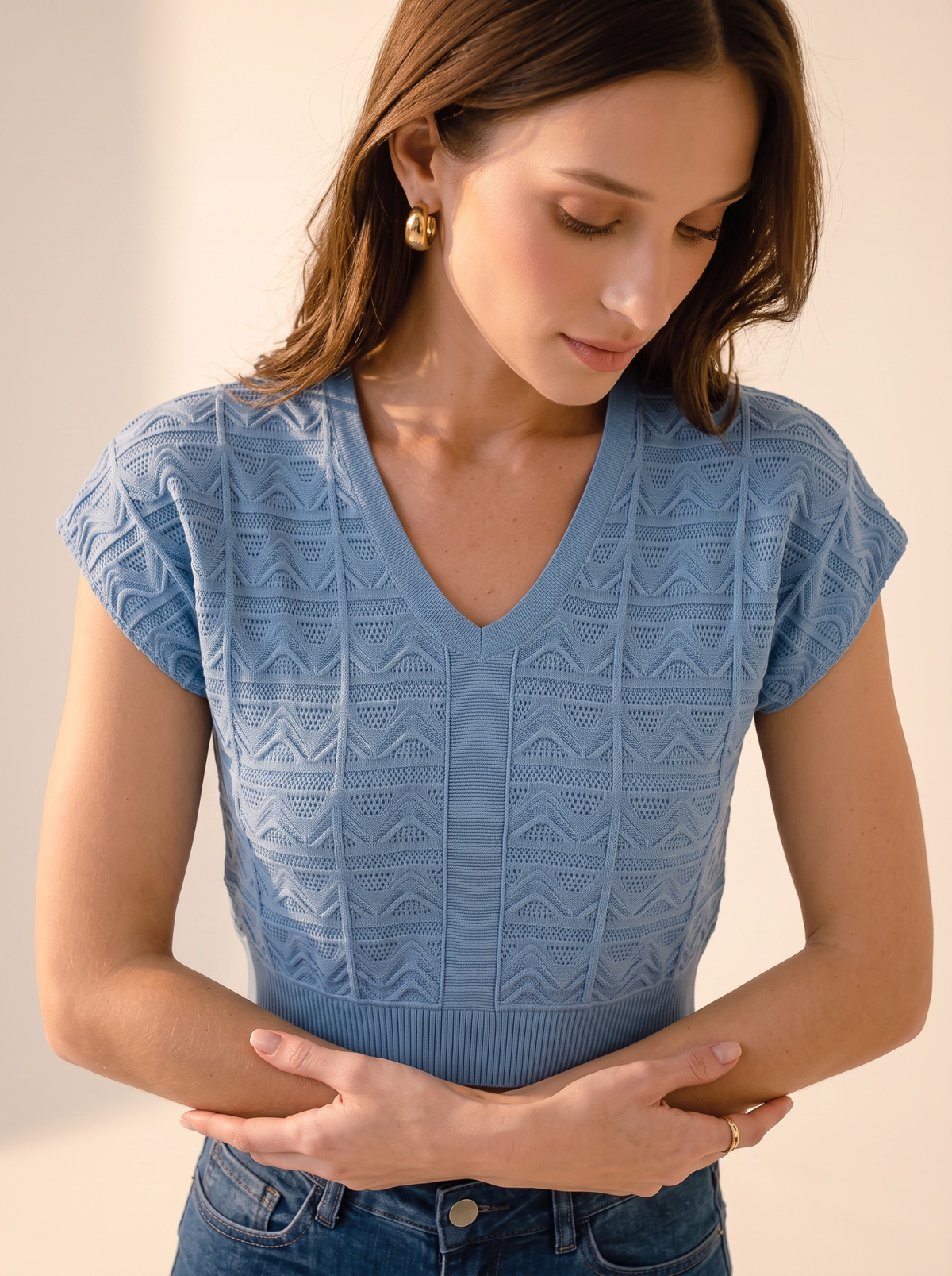 Blue Haze Chevron V-Neck Knit Top by Cord Cult - side view