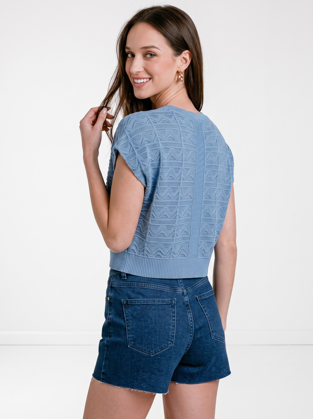 Blue Haze Chevron V-Neck Knit Top by Cord Cult - back view