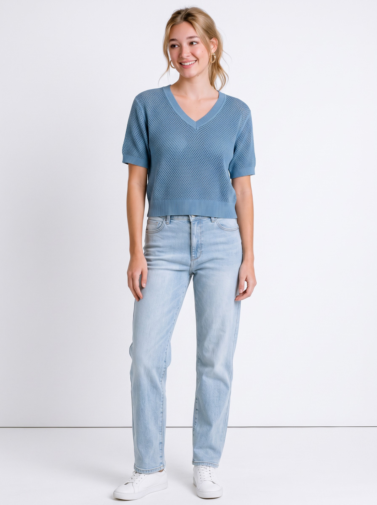 Cloudline Open Knit V-Neck Top by Cord Cult - side view