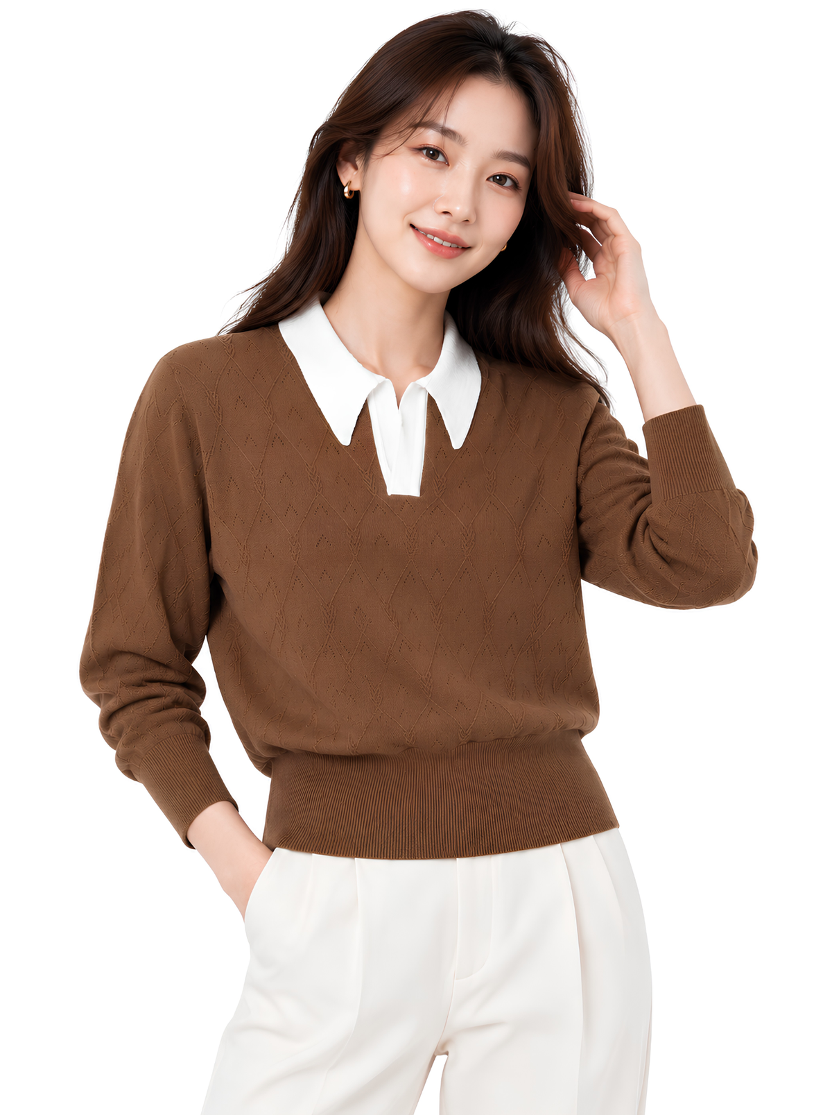 Cocoa Crest Contrast Collar Knit Pullover by Cord Cult - on-model view