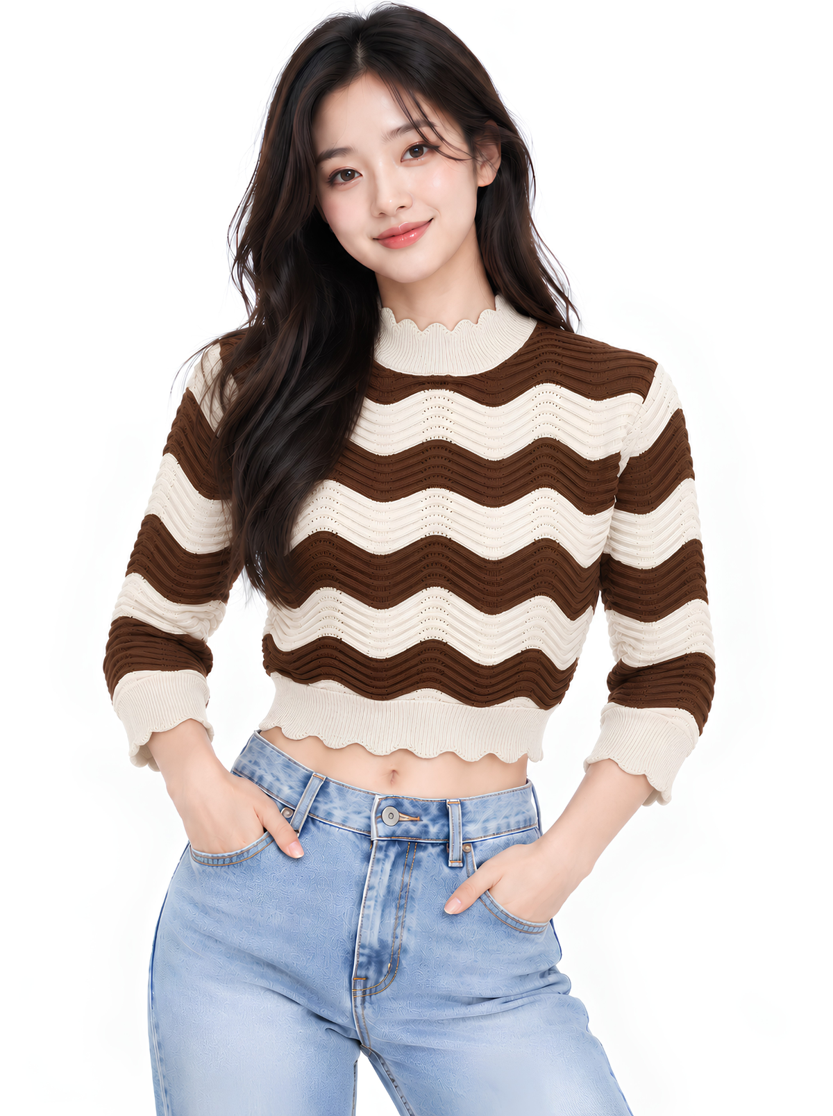 Cocoa Foam Wave Knit Crop Top - Cocoa & Cream by Cord Cult - on-model view