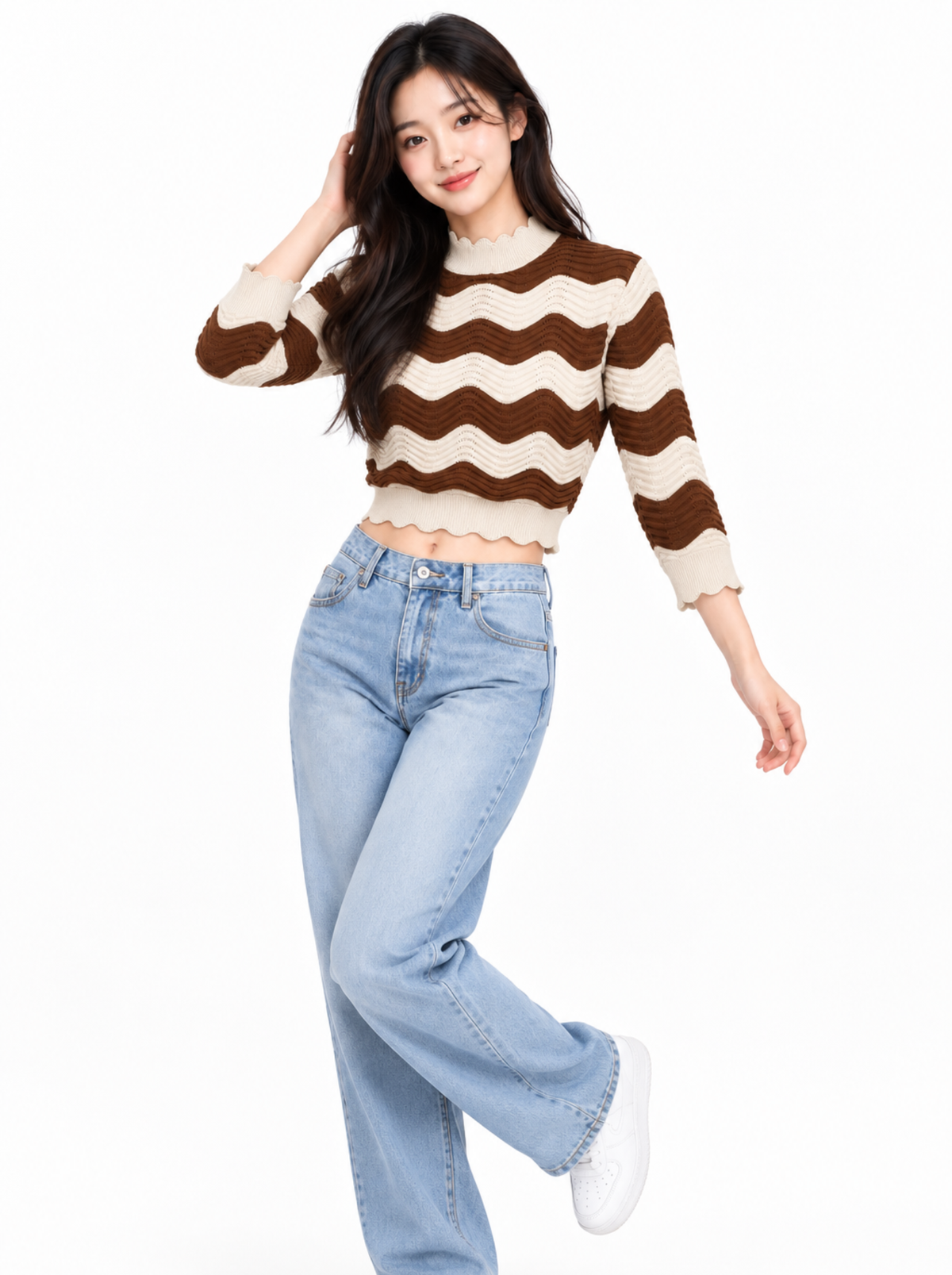 Cocoa Foam Wave Knit Crop Top - Cocoa & Cream by Cord Cult - styled view