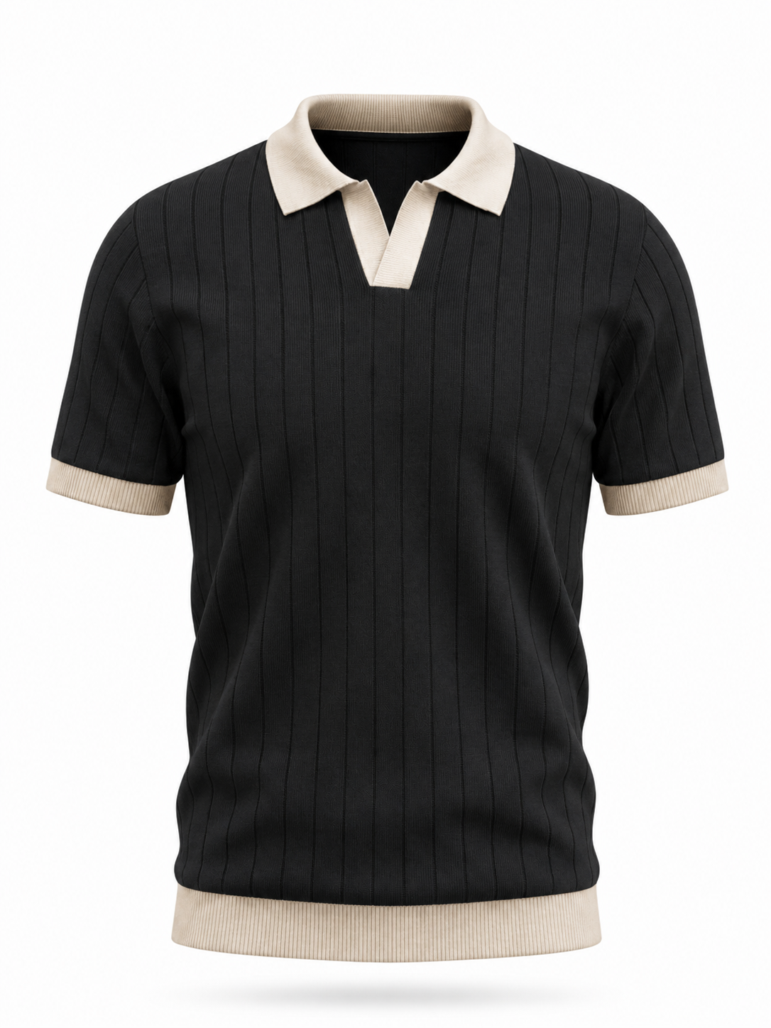 Noir Cream Contrast Rib Knit Polo - Black & Cream by Cord Cult - front view