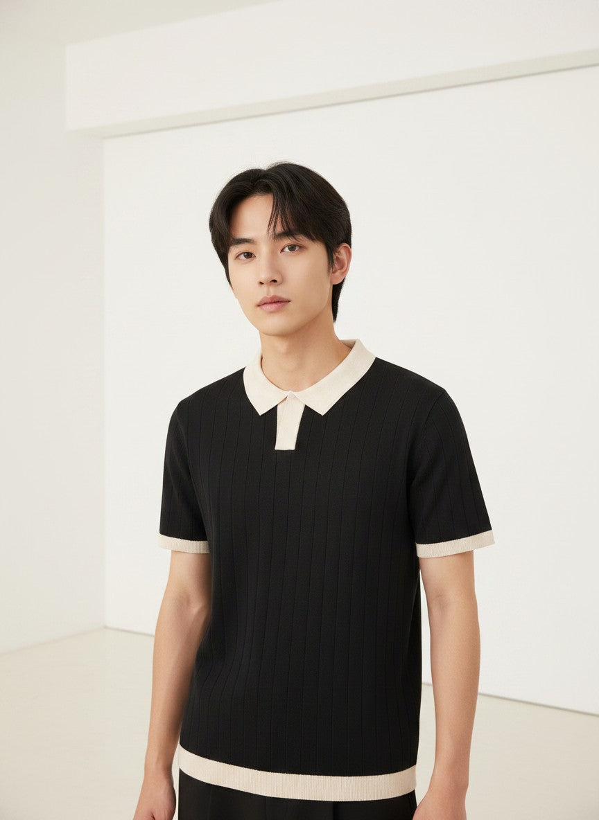 Noir Cream Contrast Rib Knit Polo - Black & Cream by Cord Cult - on-model view