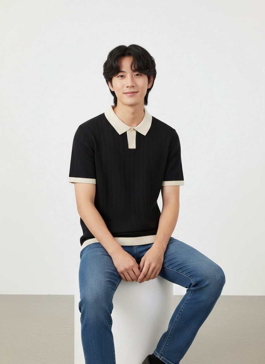 Noir Cream Contrast Rib Knit Polo - Black & Cream by Cord Cult - styled view