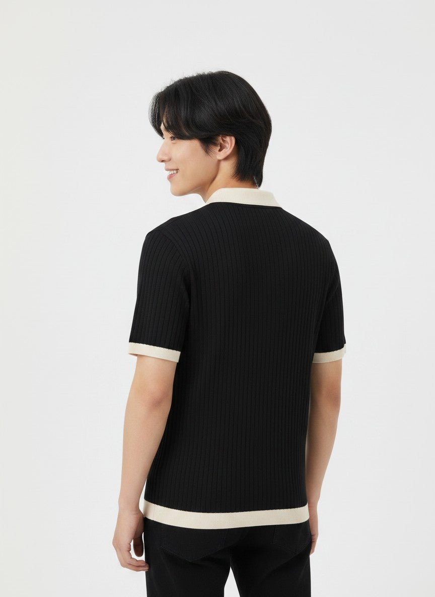 Noir Cream Contrast Rib Knit Polo - Black & Cream by Cord Cult - side view