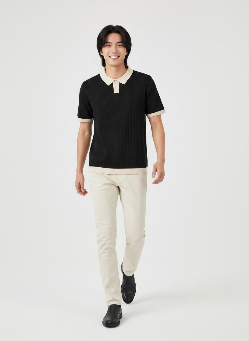 Noir Cream Contrast Rib Knit Polo - Black & Cream by Cord Cult - back view