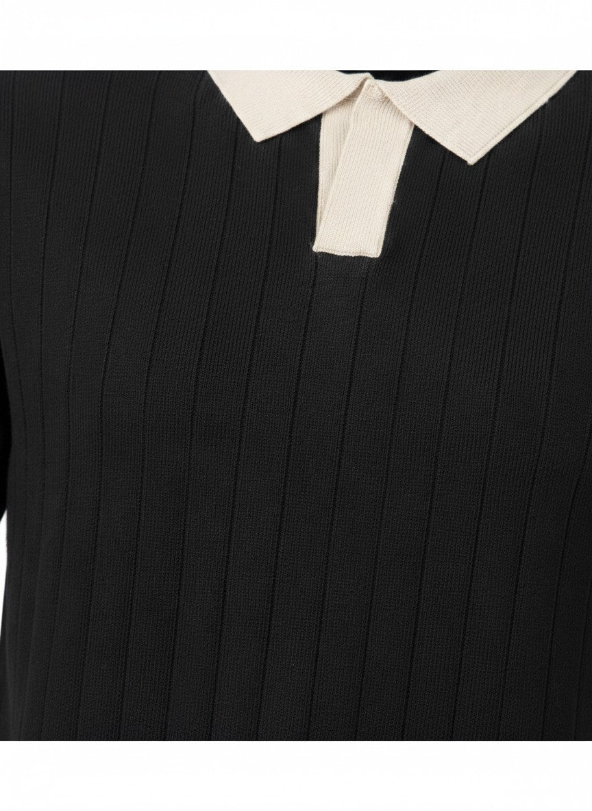 Noir Cream Contrast Rib Knit Polo - Black & Cream by Cord Cult - detail view