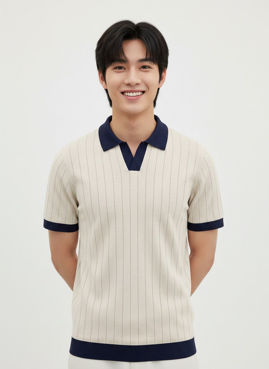 Harbor Cream Contrast Rib Knit Polo - Cream & Navy by Cord Cult - on-model view