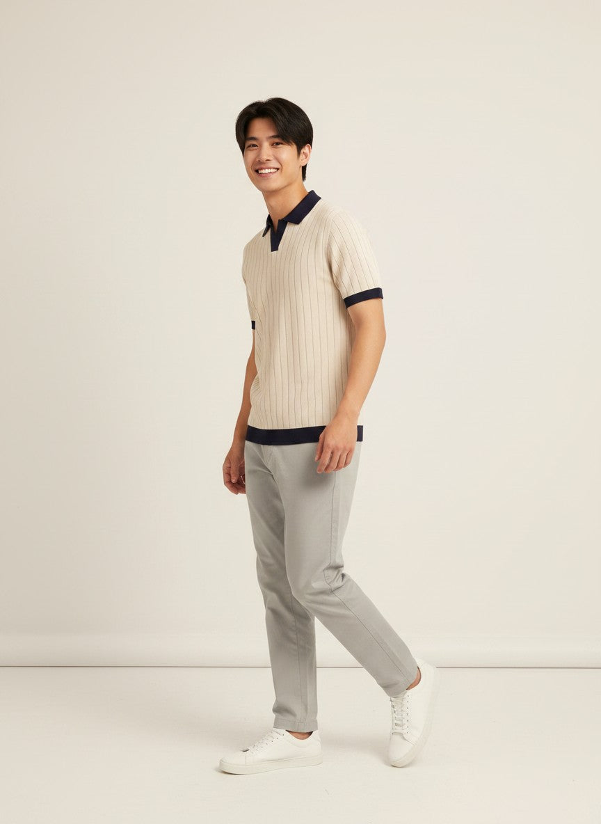 Harbor Cream Contrast Rib Knit Polo - Cream & Navy by Cord Cult - styled view