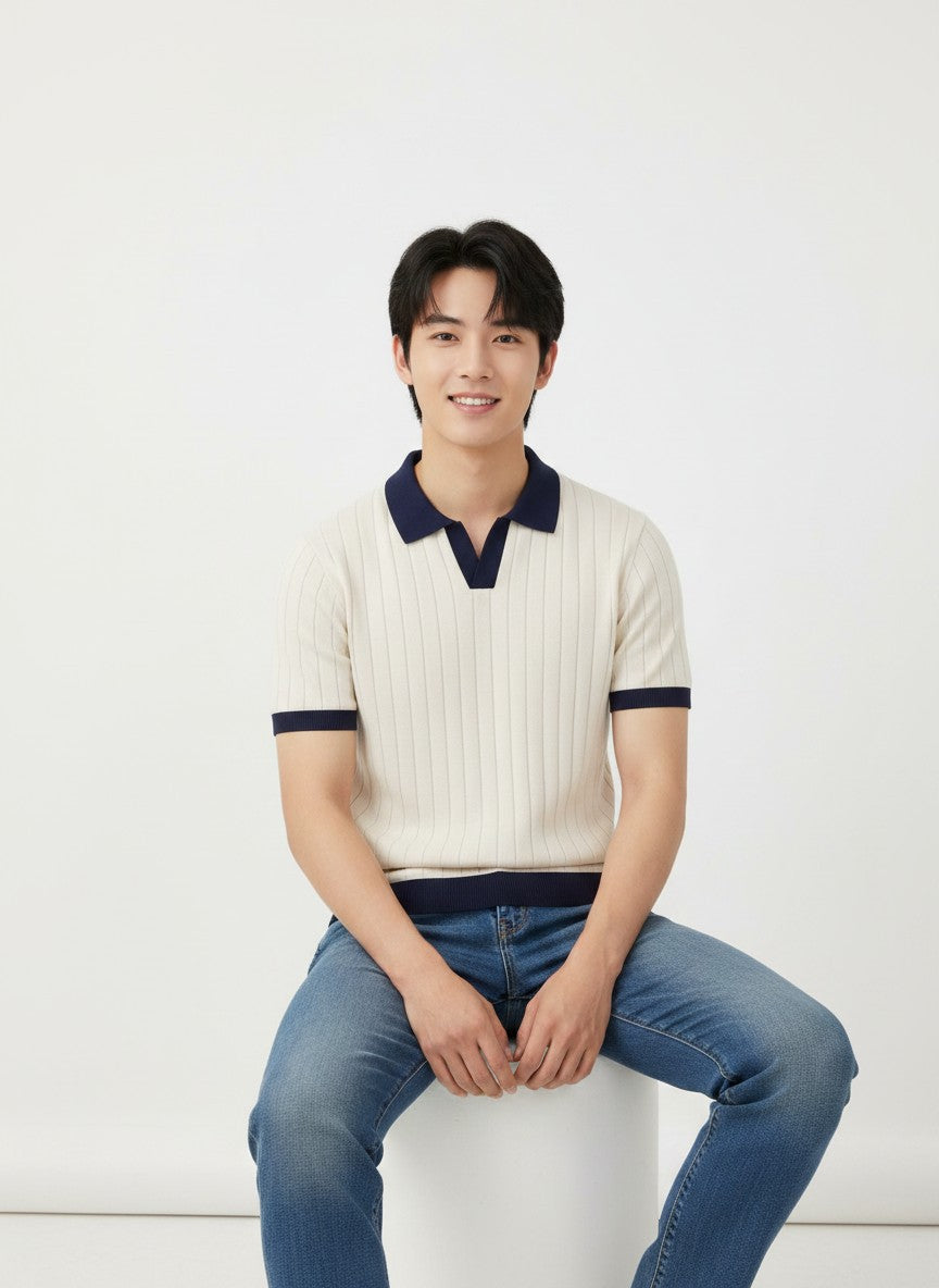 Harbor Cream Contrast Rib Knit Polo - Cream & Navy by Cord Cult - side view