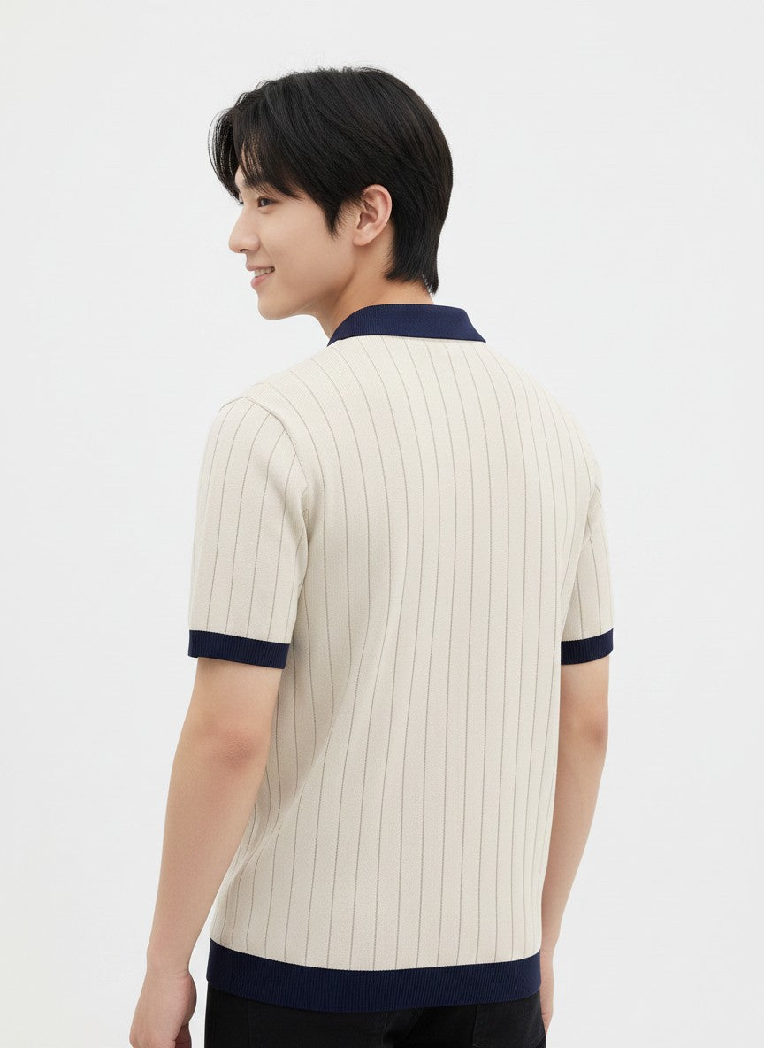 Harbor Cream Contrast Rib Knit Polo - Cream & Navy by Cord Cult - back view