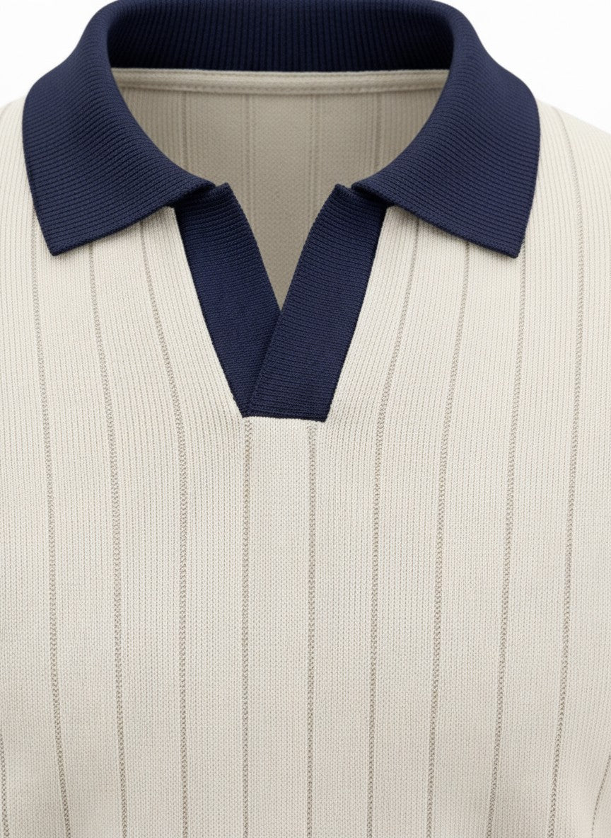 Harbor Cream Contrast Rib Knit Polo - Cream & Navy by Cord Cult - detail view