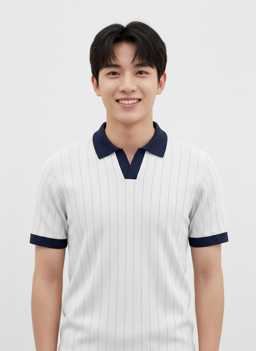 Harbor White Contrast Rib Knit Polo - White & Navy by Cord Cult - on-model view