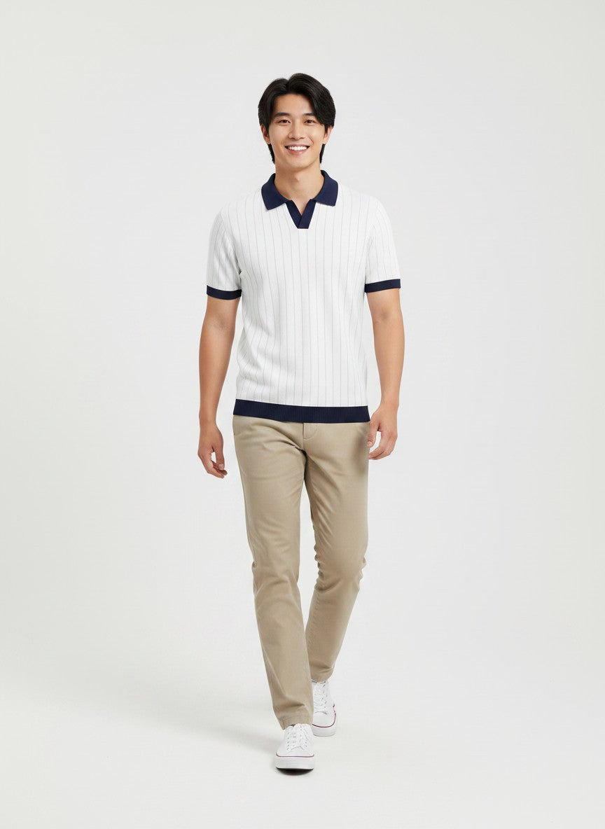 Harbor White Contrast Rib Knit Polo - White & Navy by Cord Cult - styled view