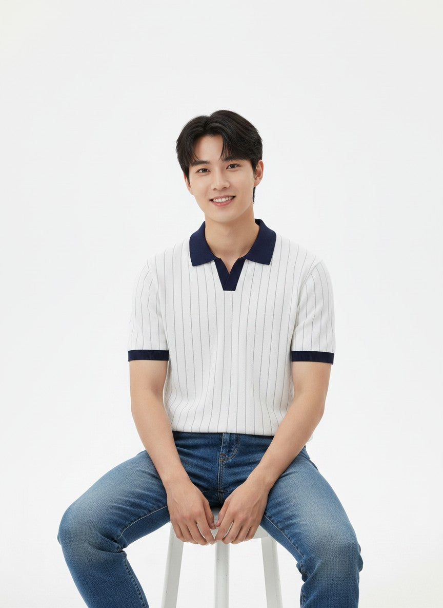 Harbor White Contrast Rib Knit Polo - White & Navy by Cord Cult - side view