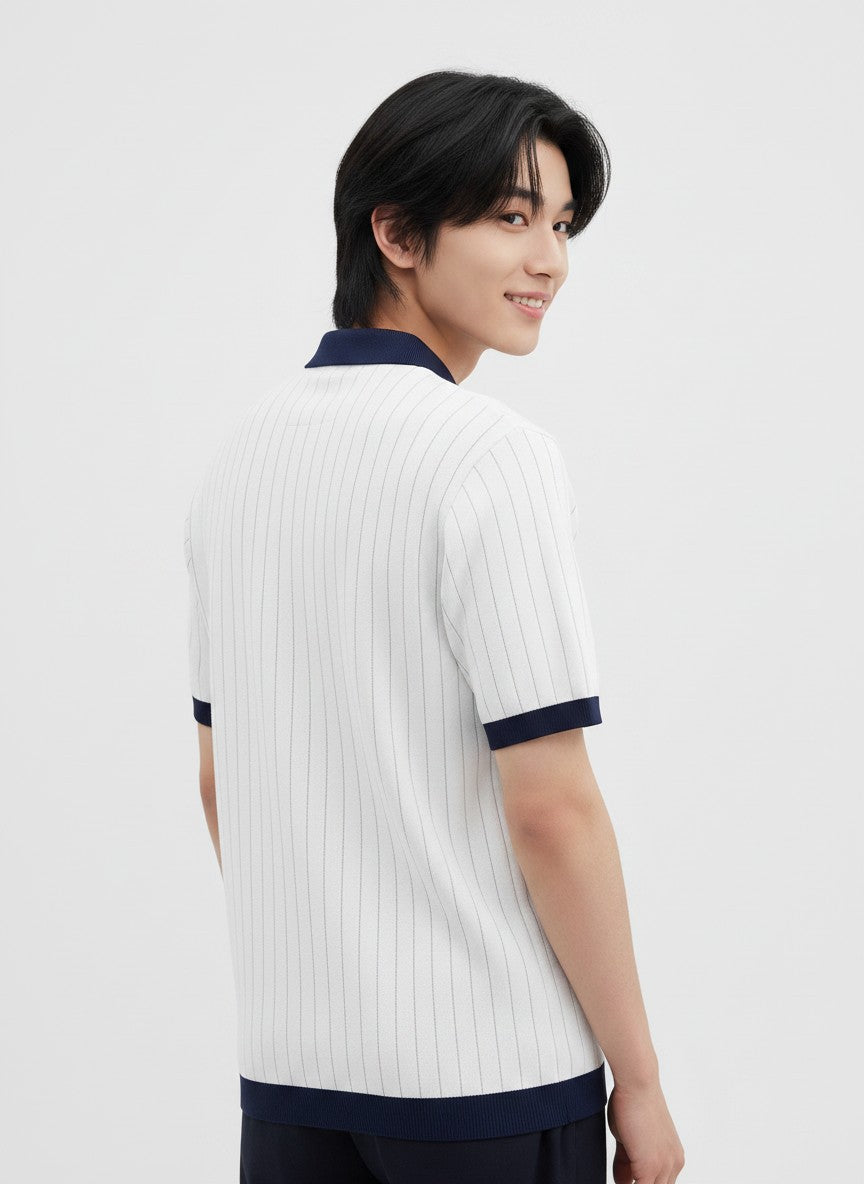 Harbor White Contrast Rib Knit Polo - White & Navy by Cord Cult - back view