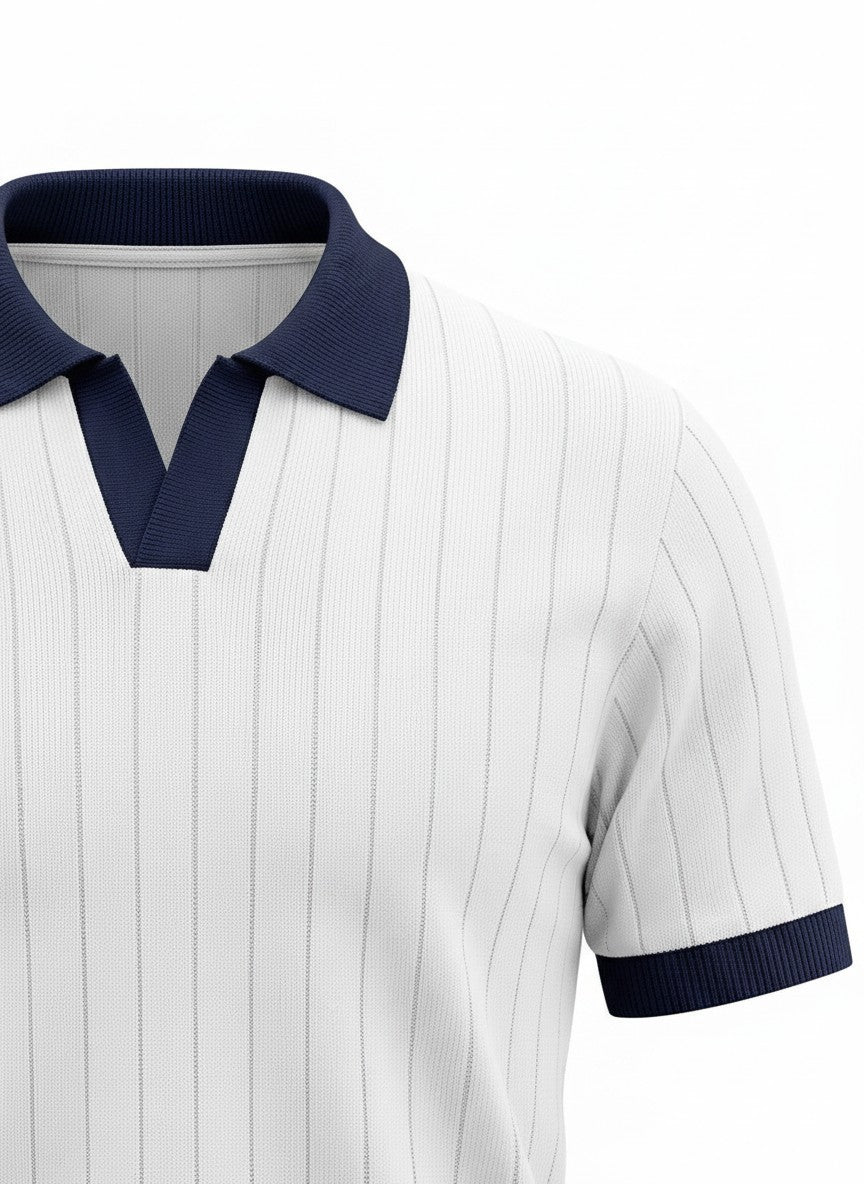 Harbor White Contrast Rib Knit Polo - White & Navy by Cord Cult - detail view