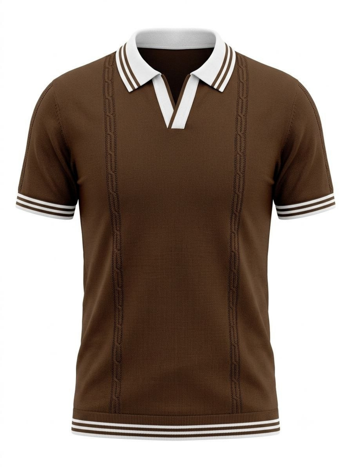 Cocoa Line Cable Detail Open Collar Polo - Brown & White by Cord Cult - front view