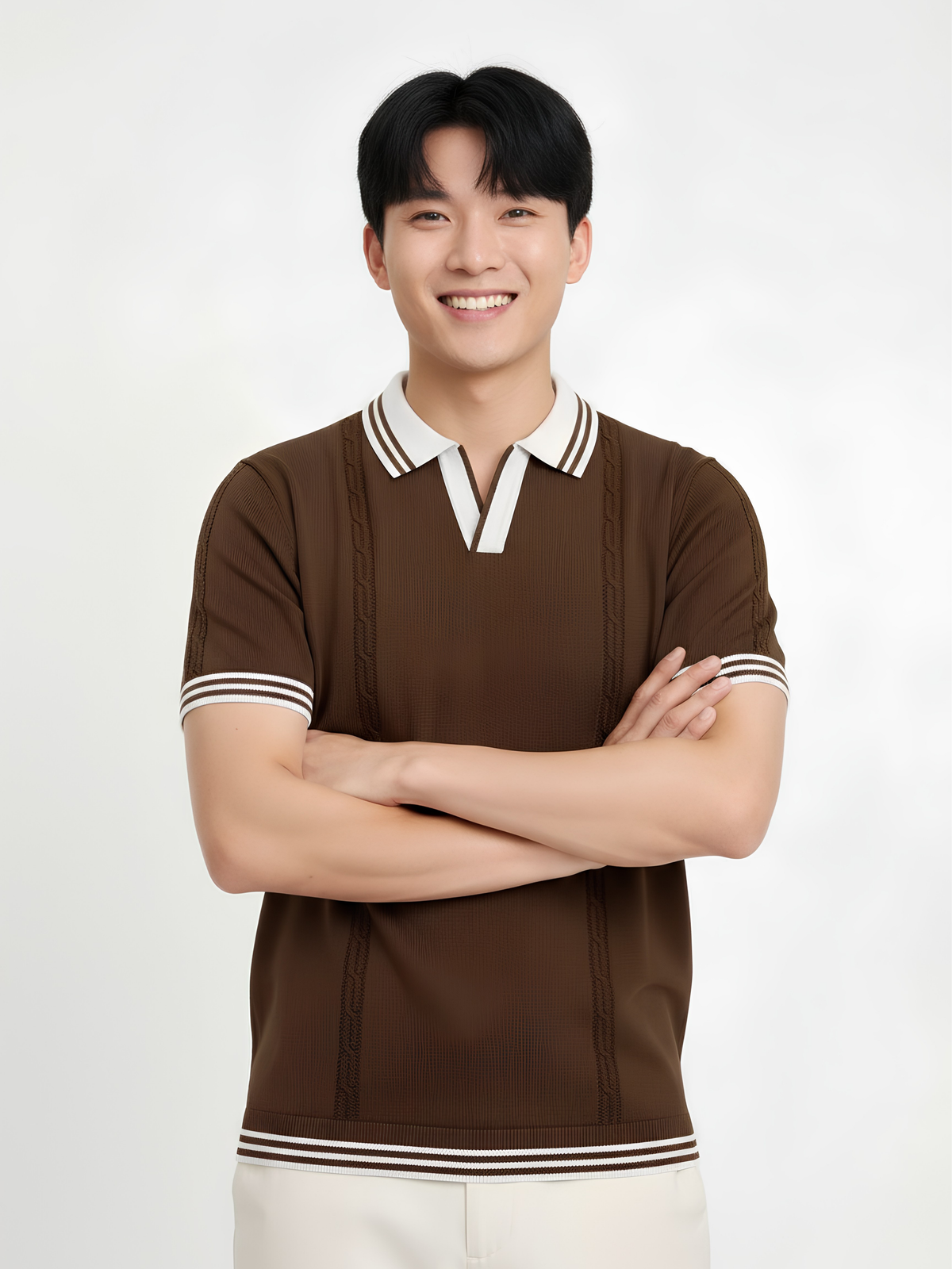 Cocoa Line Cable Detail Open Collar Polo - Brown & White by Cord Cult - on-model view