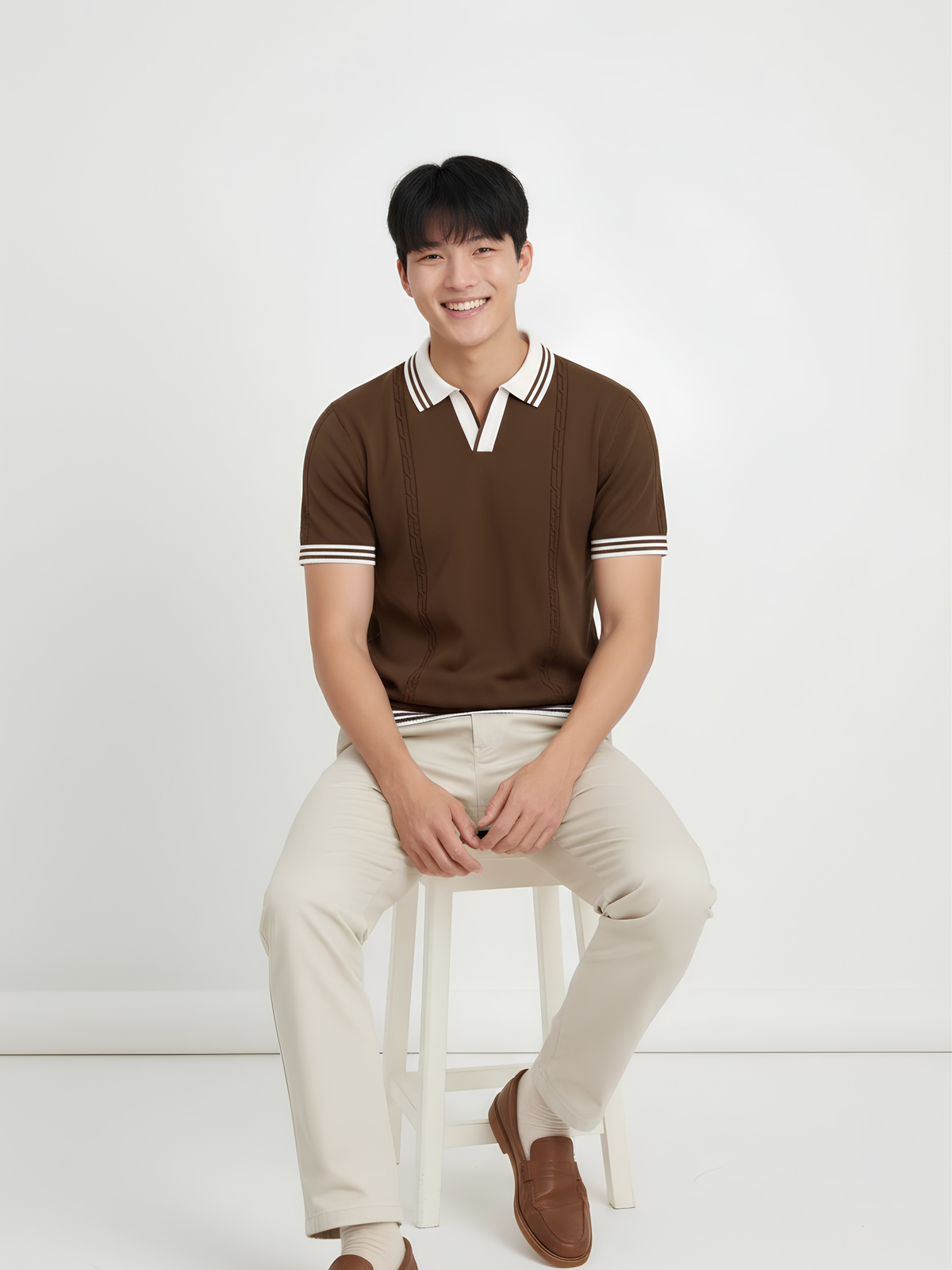 Cocoa Line Cable Detail Open Collar Polo - Brown & White by Cord Cult - styled view