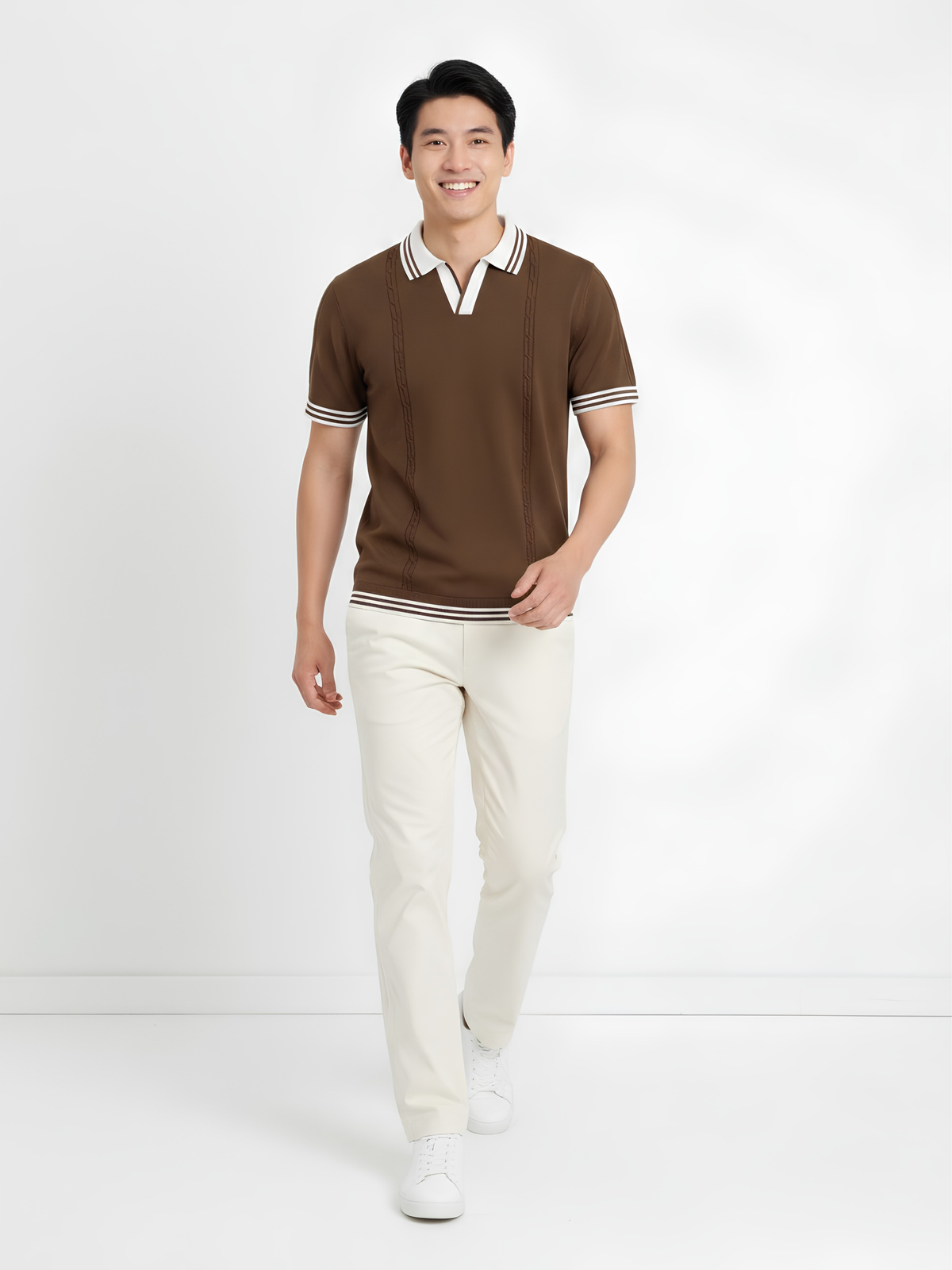 Cocoa Line Cable Detail Open Collar Polo - Brown & White by Cord Cult - side view