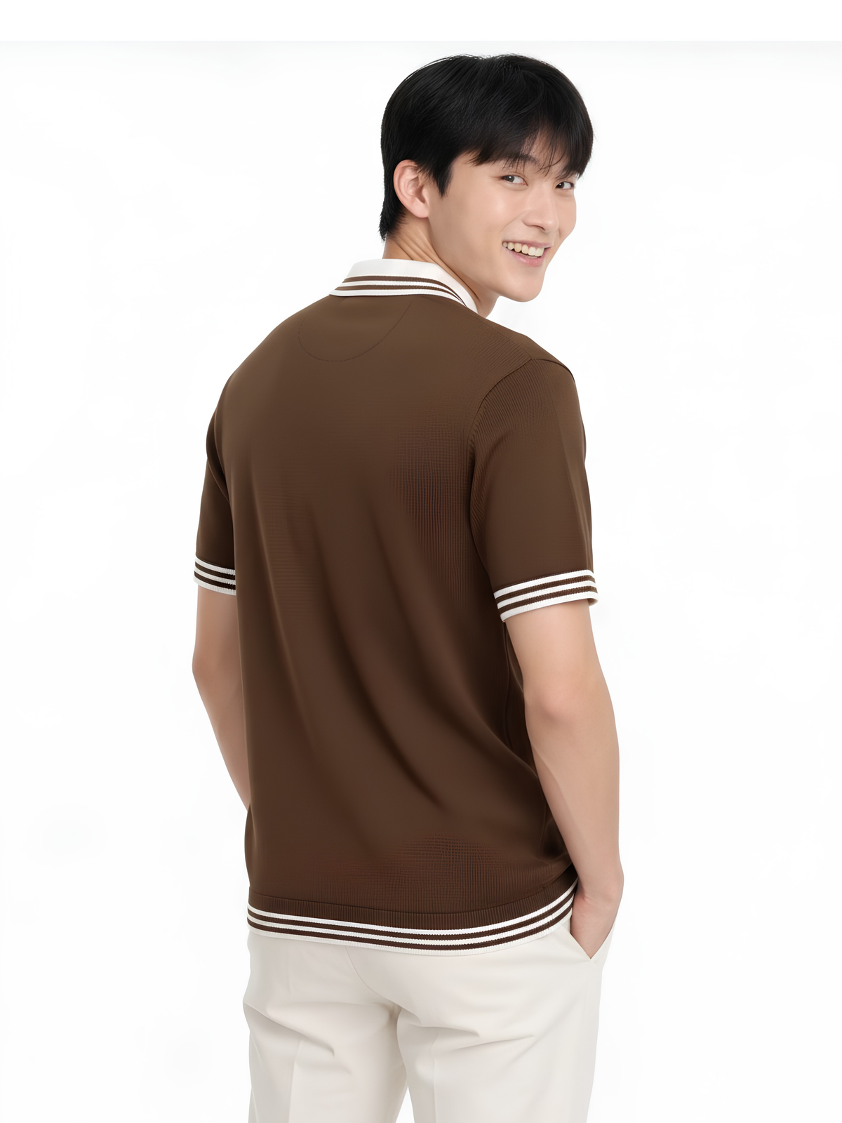 Cocoa Line Cable Detail Open Collar Polo - Brown & White by Cord Cult - back view