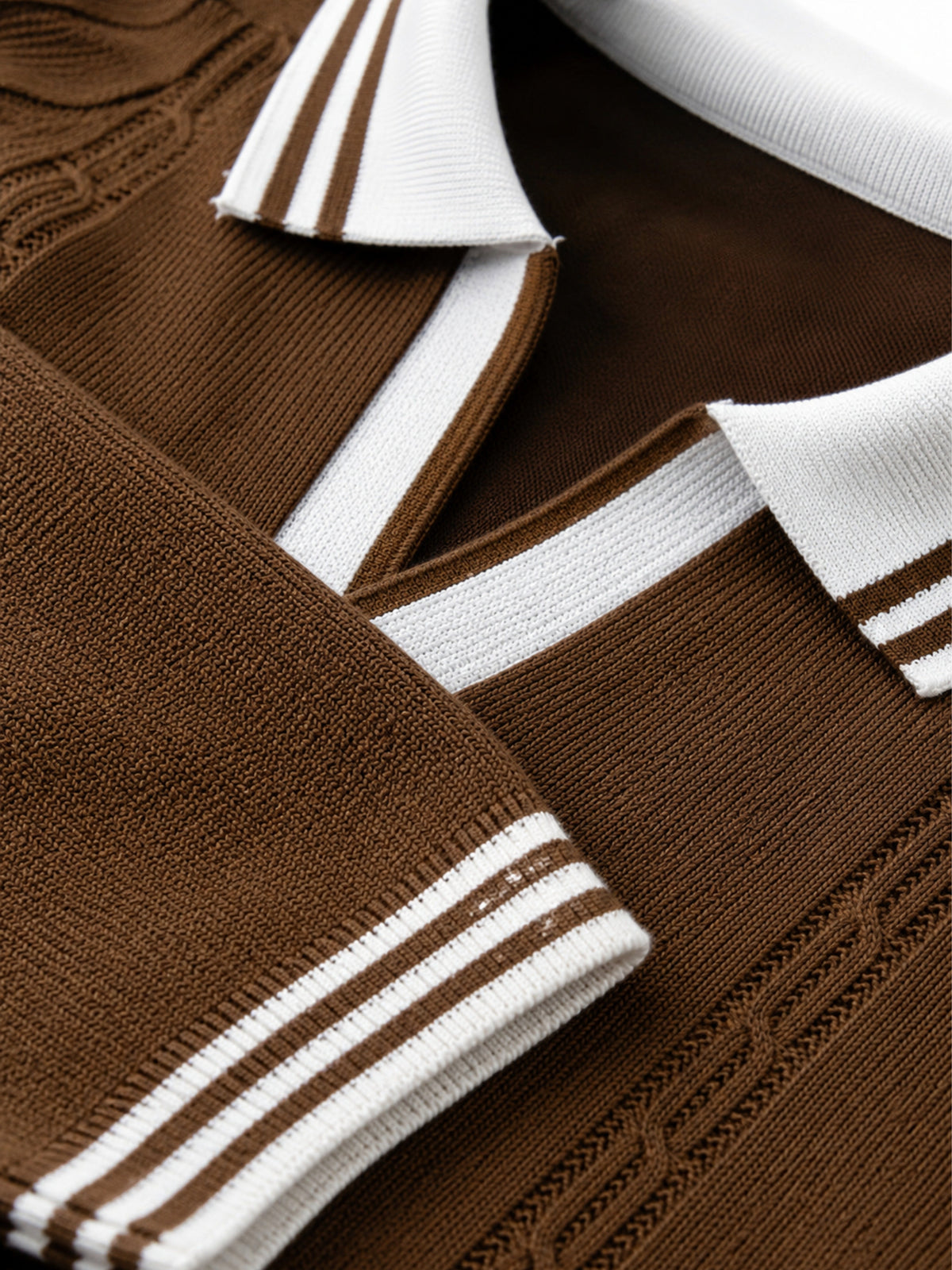 Cocoa Line Cable Detail Open Collar Polo - Brown & White by Cord Cult - detail view