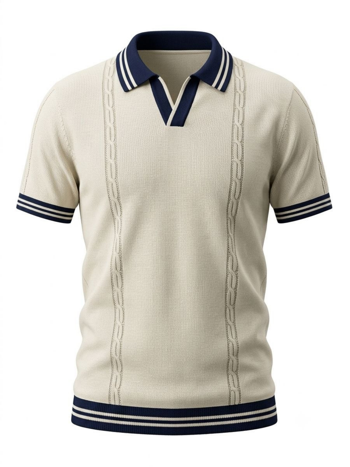 Coastline Cable Detail Open Collar Polo - Cream & Navy by Cord Cult - front view