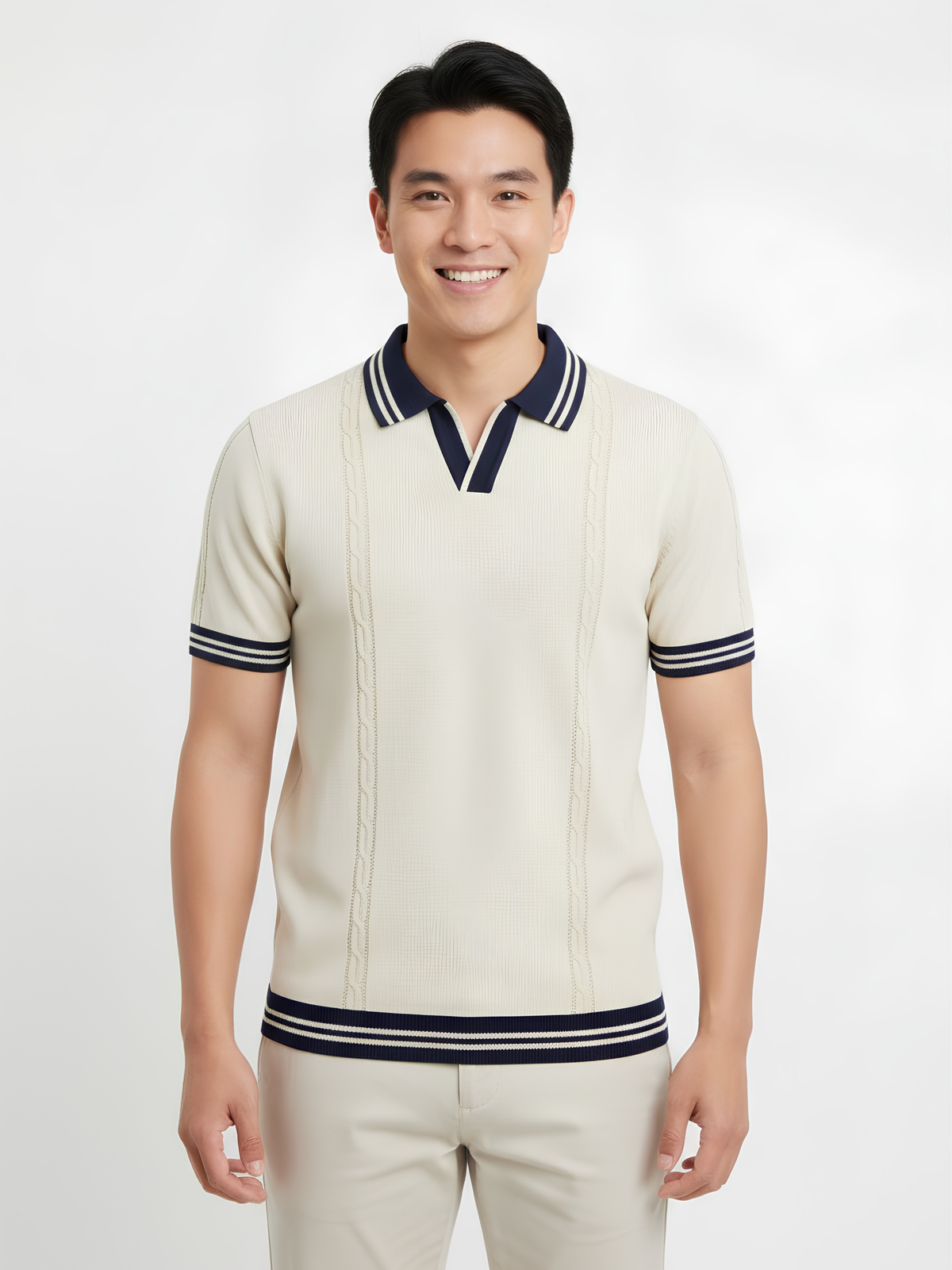 Coastline Cable Detail Open Collar Polo - Cream & Navy by Cord Cult - on-model view