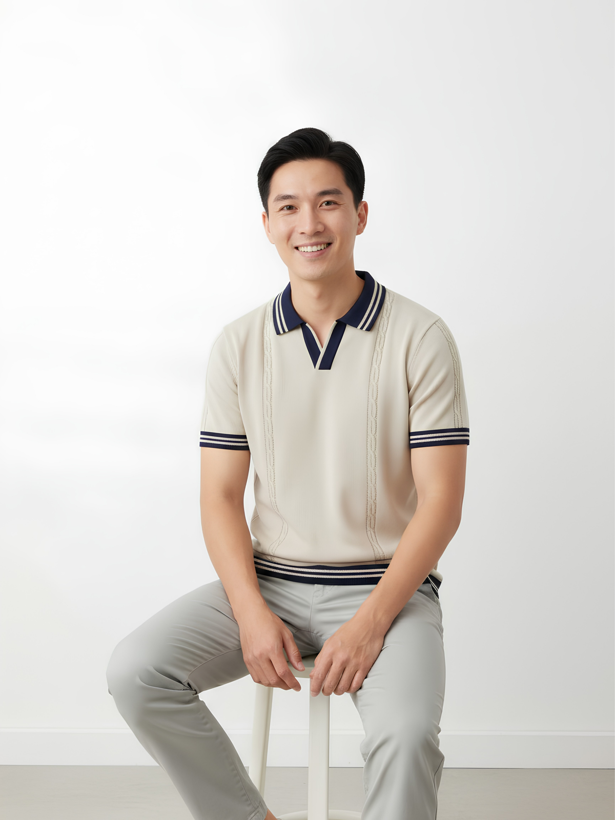 Coastline Cable Detail Open Collar Polo - Cream & Navy by Cord Cult - styled view