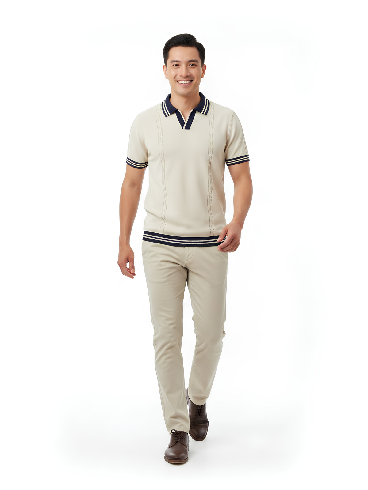 Coastline Cable Detail Open Collar Polo - Cream & Navy by Cord Cult - side view