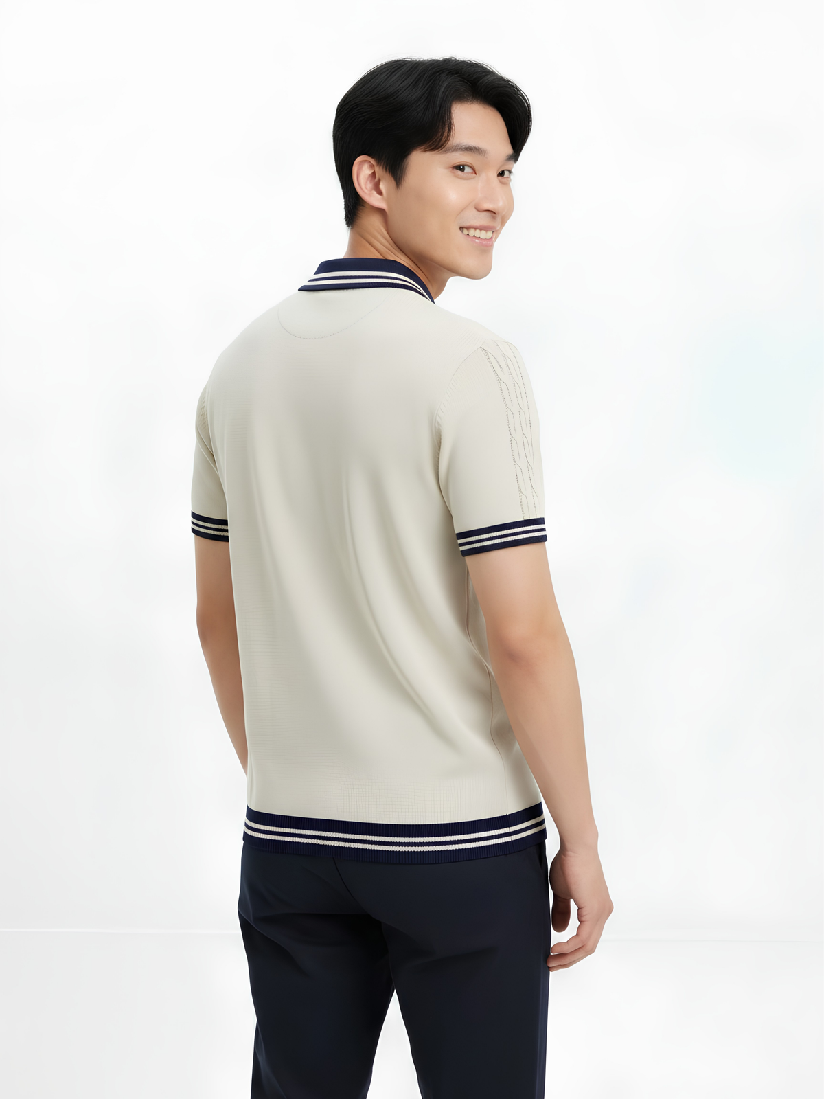 Coastline Cable Detail Open Collar Polo - Cream & Navy by Cord Cult - back view