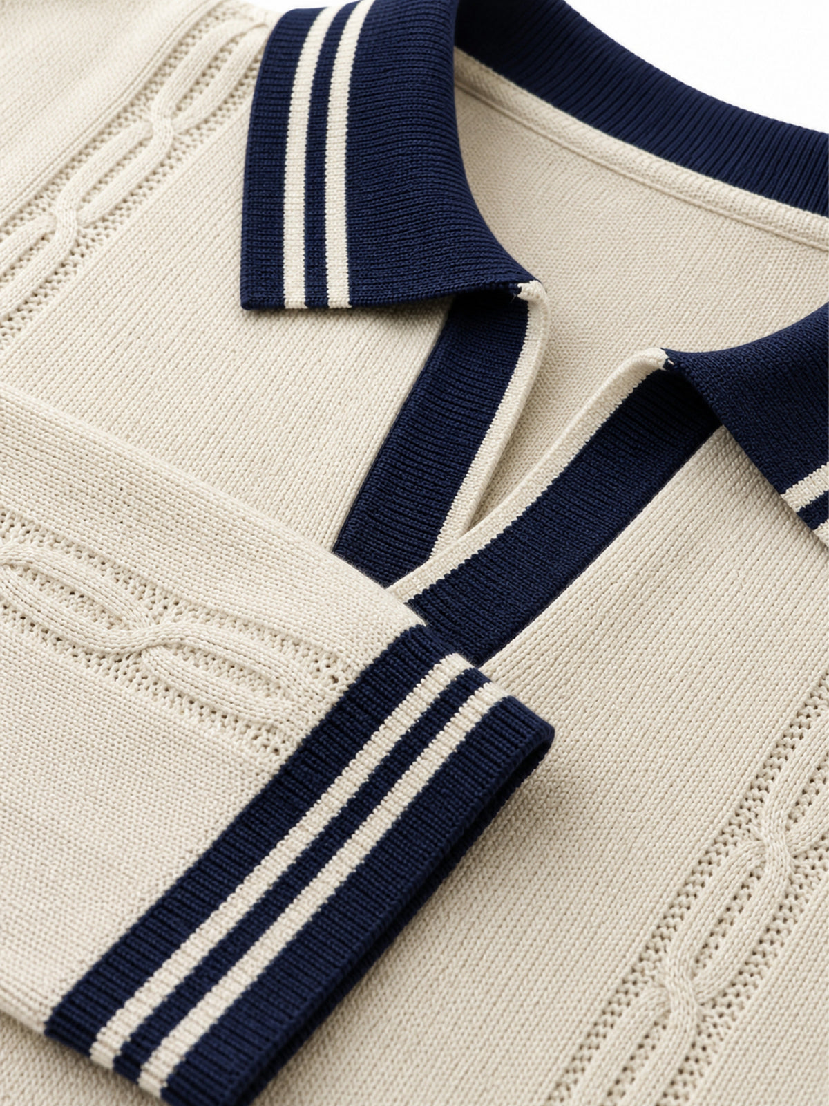 Coastline Cable Detail Open Collar Polo - Cream & Navy by Cord Cult - detail view