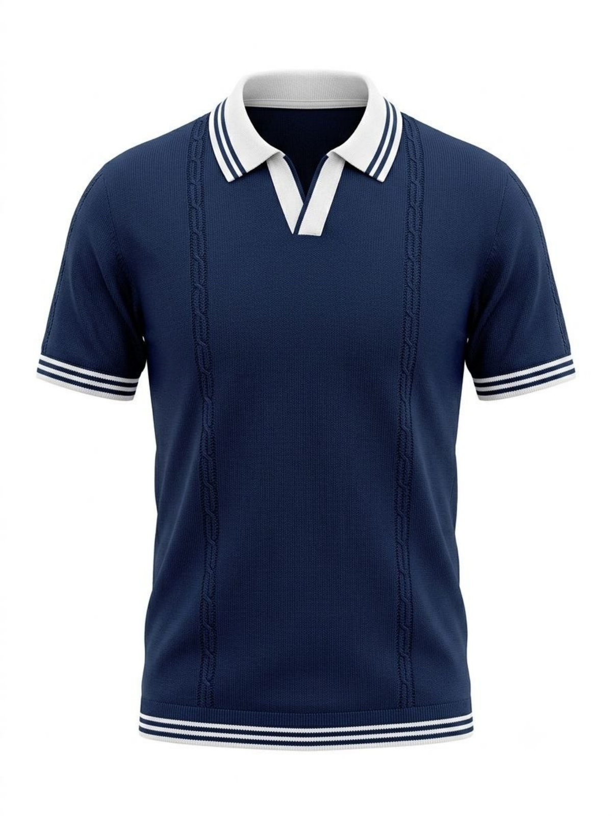 Nautic Cable Detail Open Collar Polo - Navy & White by Cord Cult - front view