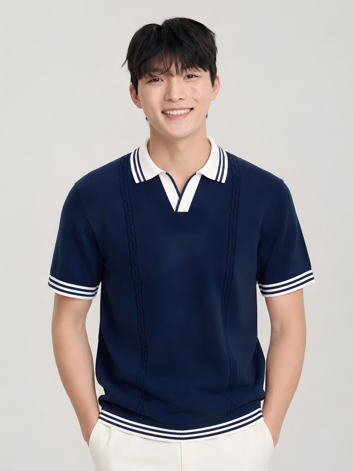 Nautic Cable Detail Open Collar Polo - Navy & White by Cord Cult - on-model view