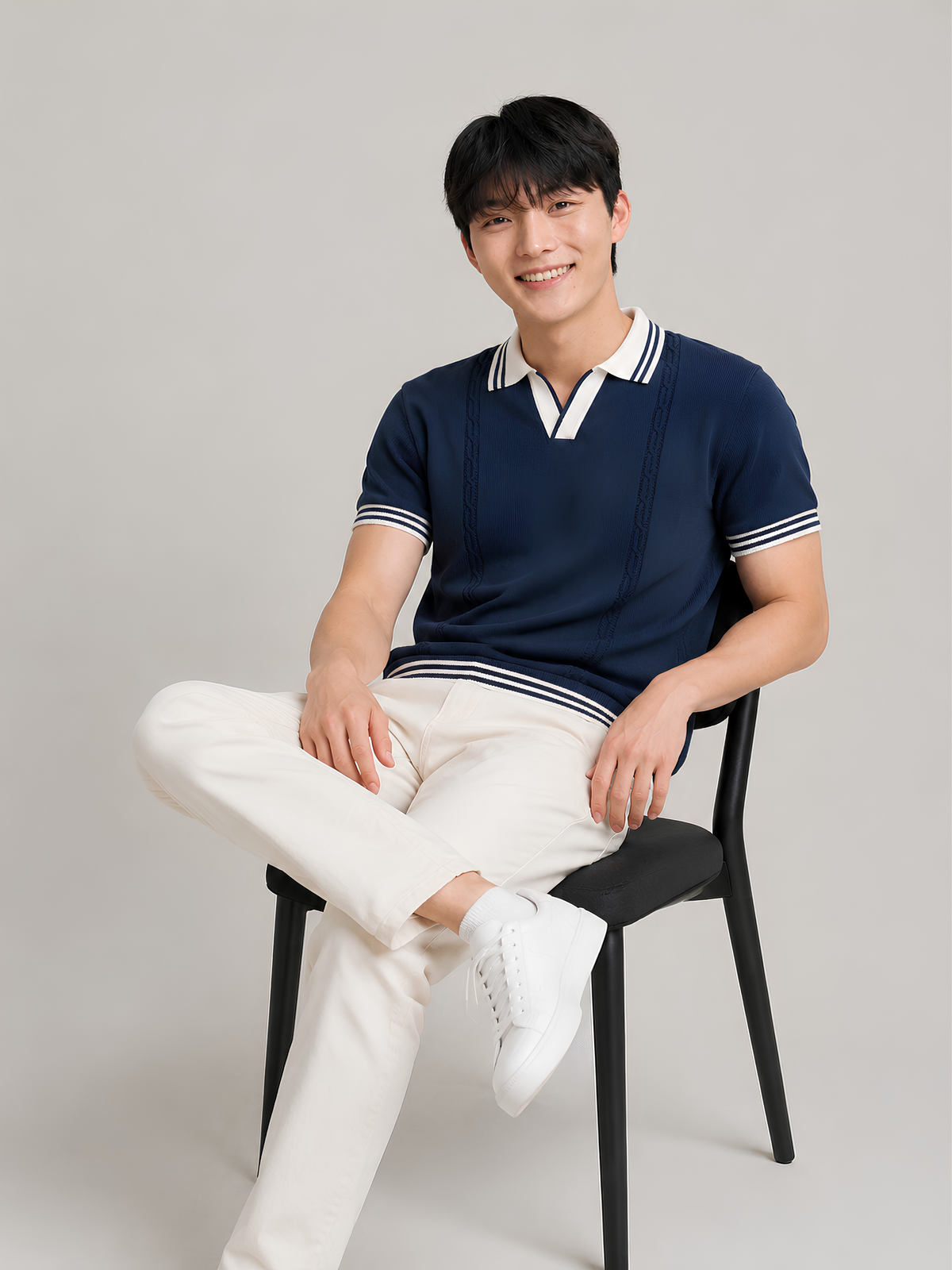 Nautic Cable Detail Open Collar Polo - Navy & White by Cord Cult - styled view