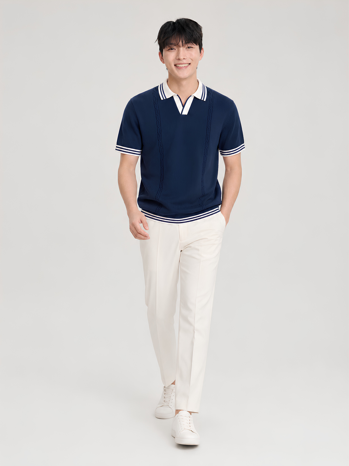 Nautic Cable Detail Open Collar Polo - Navy & White by Cord Cult - side view