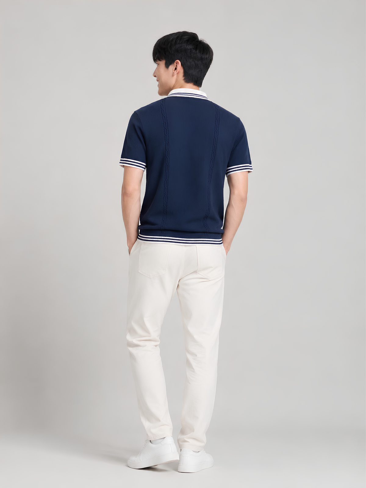 Nautic Cable Detail Open Collar Polo - Navy & White by Cord Cult - back view