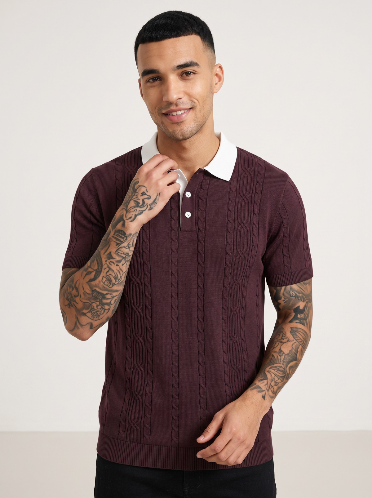 Merlot Crest Cable Knit Polo - Burgundy & White by Cord Cult - on-model view