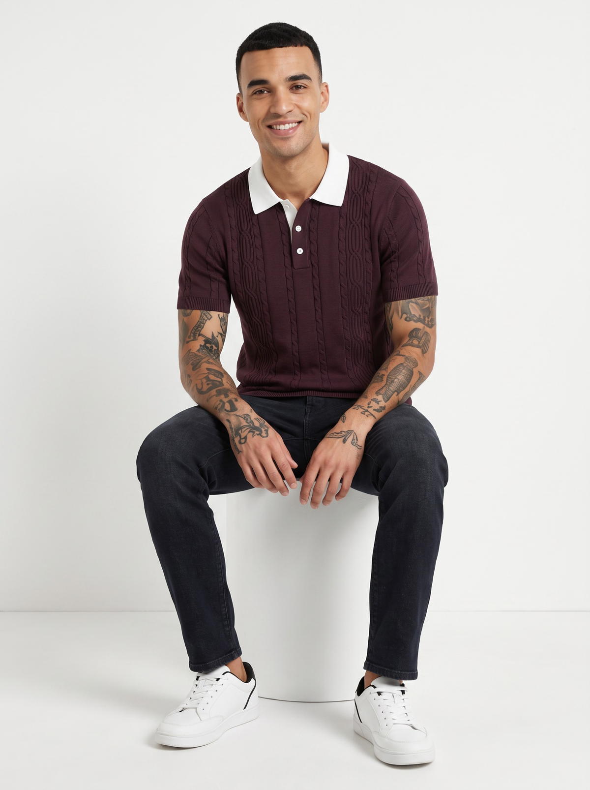 Merlot Crest Cable Knit Polo - Burgundy & White by Cord Cult - styled view