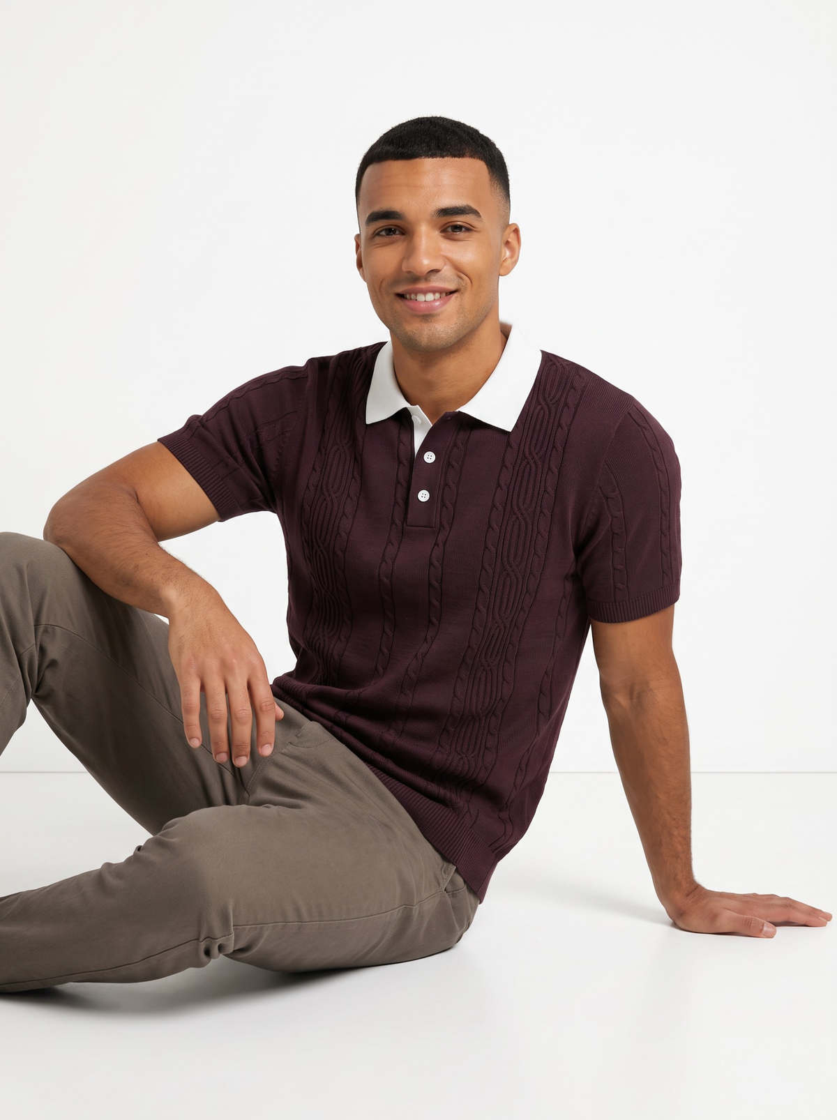 Merlot Crest Cable Knit Polo - Burgundy & White by Cord Cult - side view