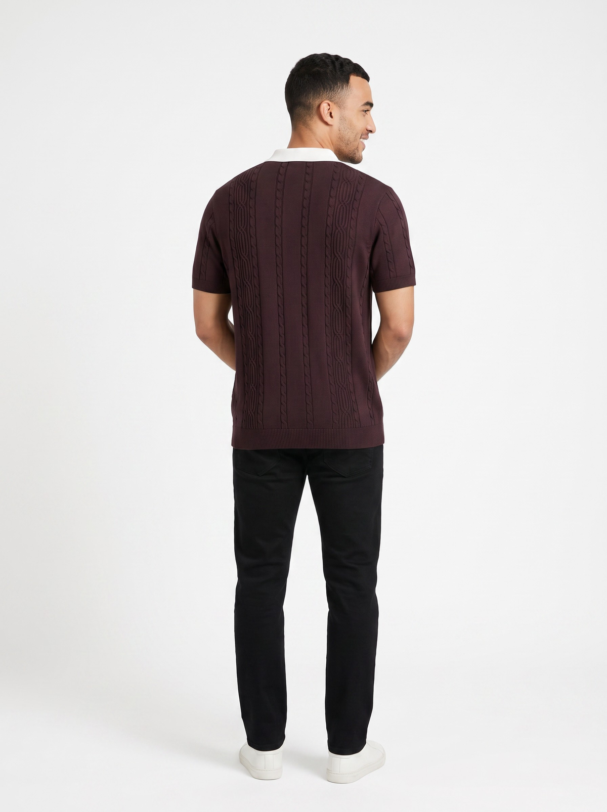 Merlot Crest Cable Knit Polo - Burgundy & White by Cord Cult - back view