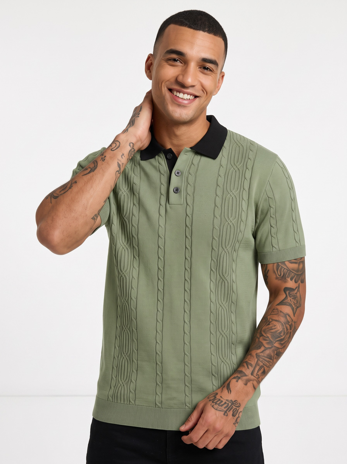 Fernline Cable Knit Polo - Sage Green & Black by Cord Cult - on-model view
