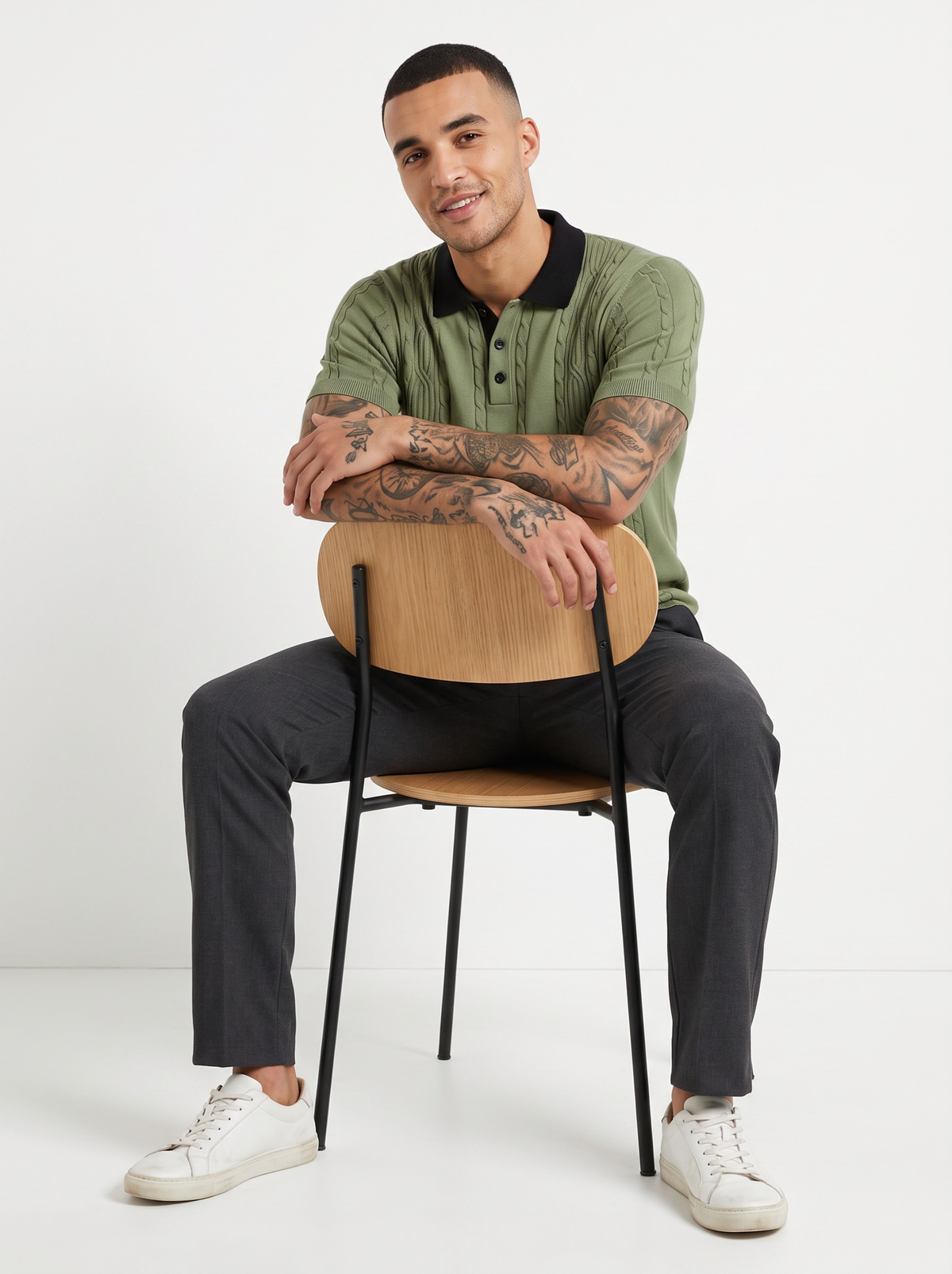 Fernline Cable Knit Polo - Sage Green & Black by Cord Cult - styled view
